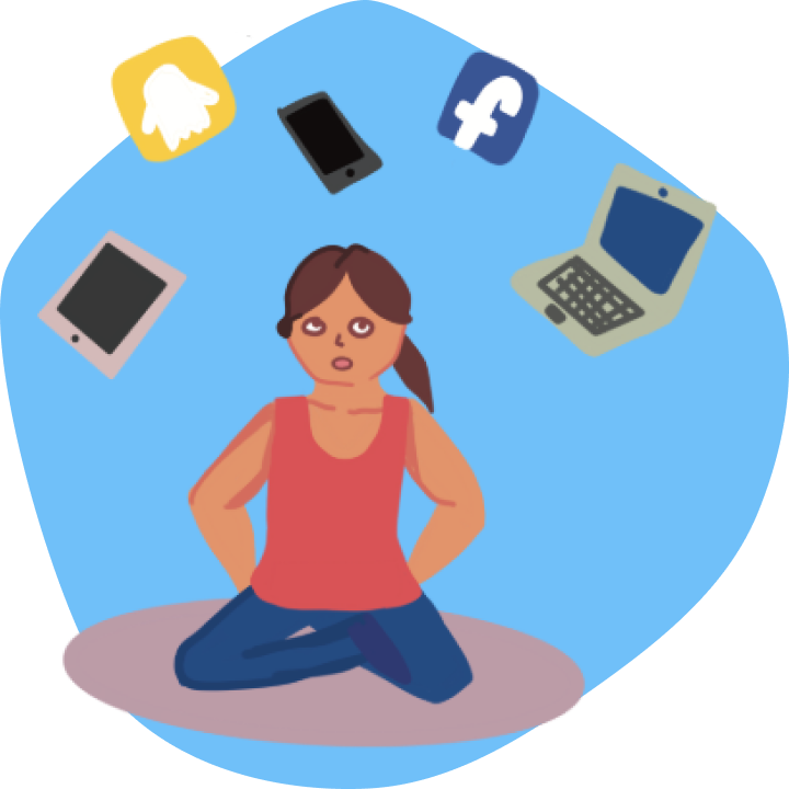 Illustration of an overwhelmed person surrounded by floating digital devices and social media logos.